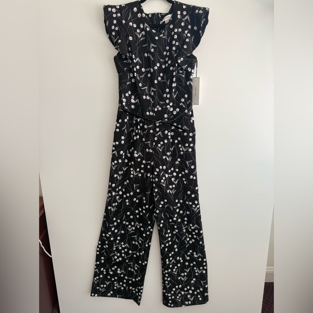 Calvin Klein Black Floral Belted Jumpsuit – Size 6 (NWT)